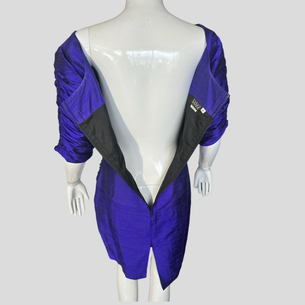 VINTAGE KANAK 100% SILK ROYAL PURPLE RUCHED DRESS (SZ 8) - Picture 8 of 12